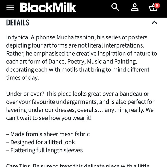 Blackmilk “MUCHA THE ARTS SHEER HIGH NECK LONG SLEEVE TOP” Size Large L NWT - Picture 8 of 16